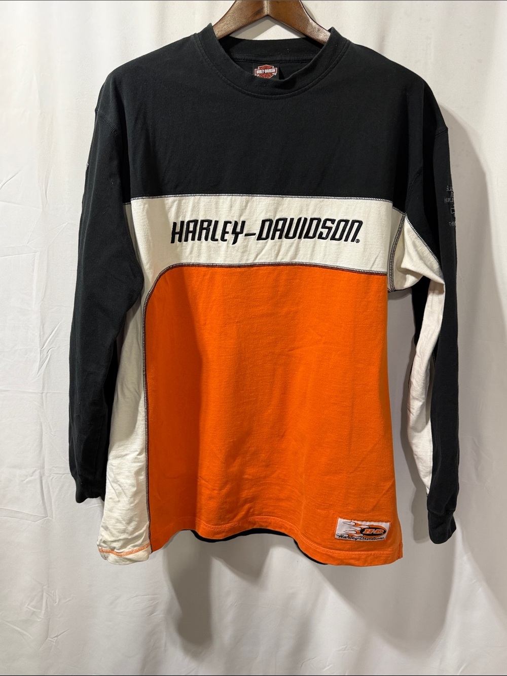 Harley-Davidson Black, Orange & White Panelled Long Sleeve Shirt